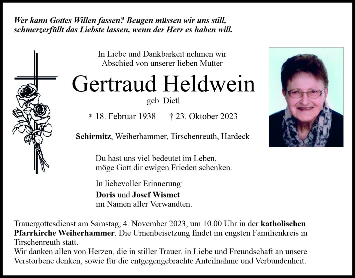 Traueranzeige Gertrud Heldwein, Schirmitz