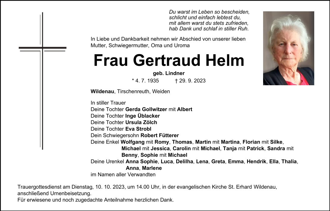 Traueranzeige Gertraud Helm, Wildenau