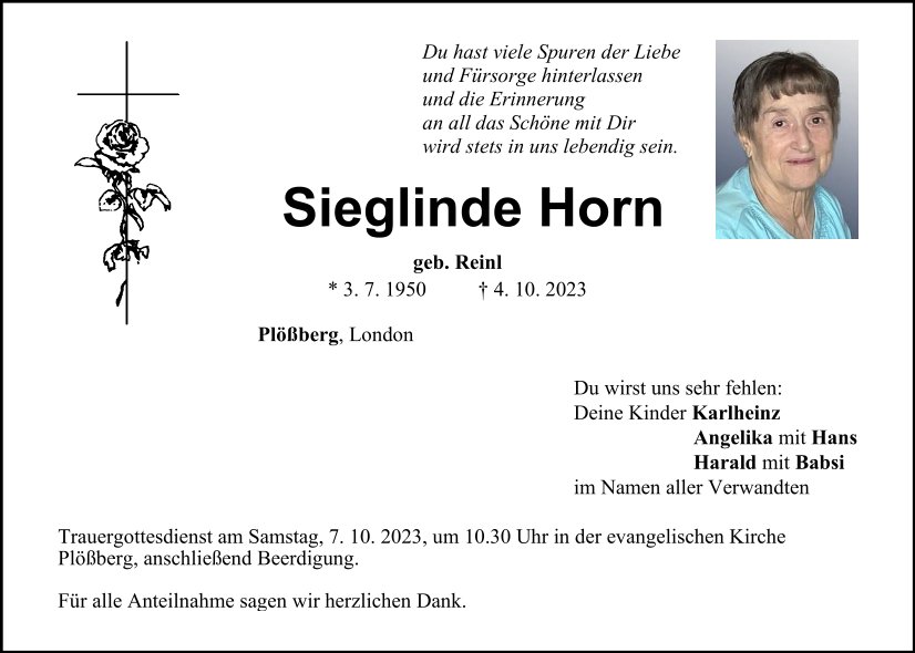 Traueranzeige Sieglinde Horn, Plößberg