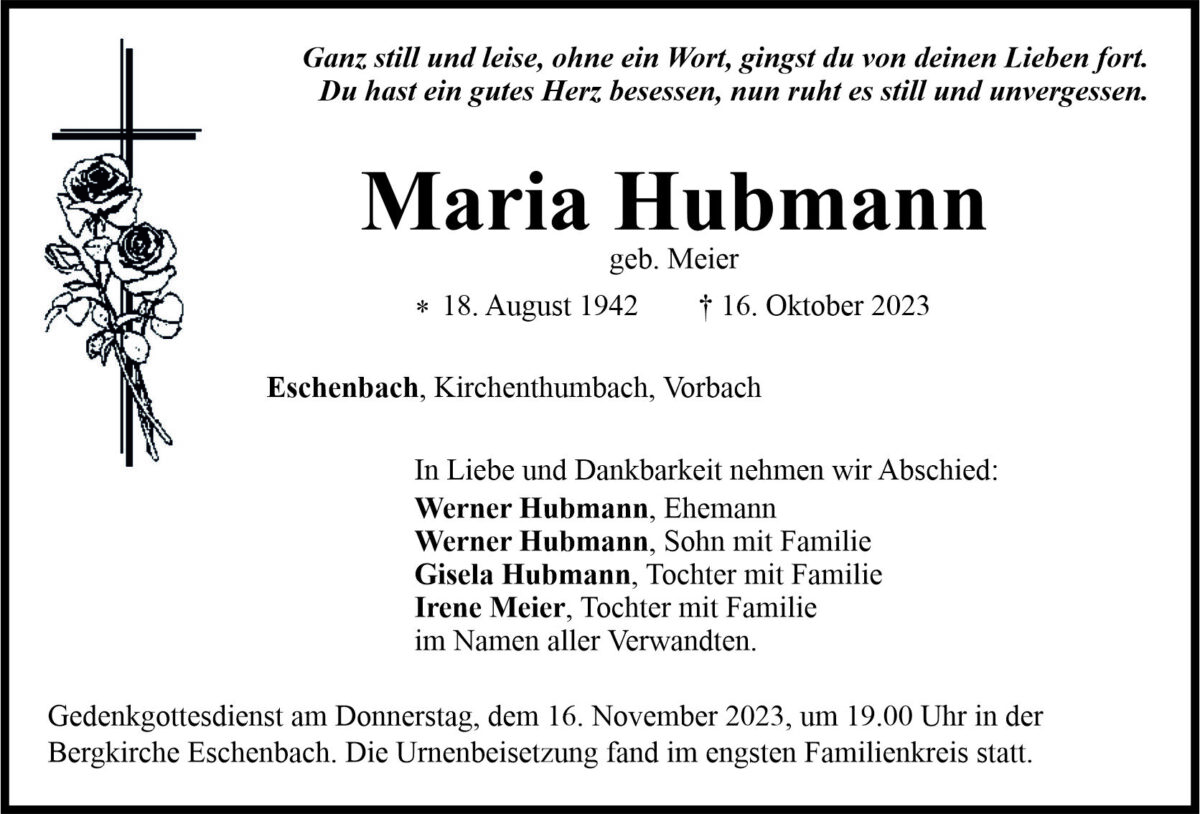Traueranzeige Maria Hubmann, Eschenbach