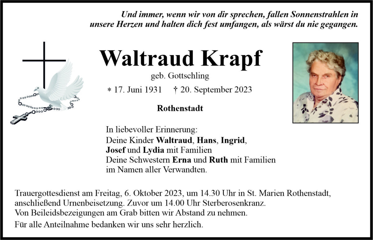 Traueranzeige Waltraud Krapf, Rothenstadt