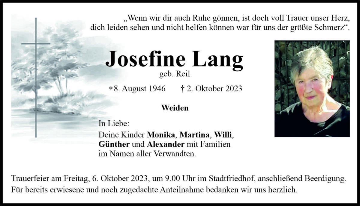 Traueranzeige Josefine Lang, Weiden