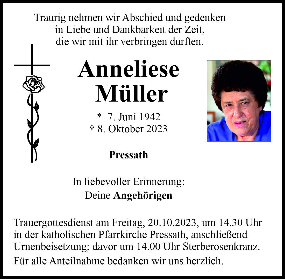 Traueranzeige Anneliese Müller, Pressath