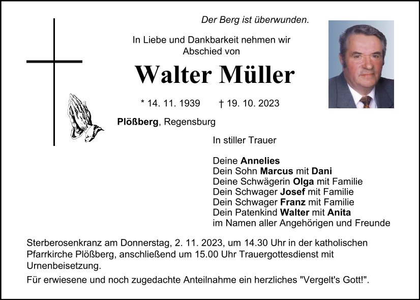 Traueranzeige Walter Müller, Plößberg
