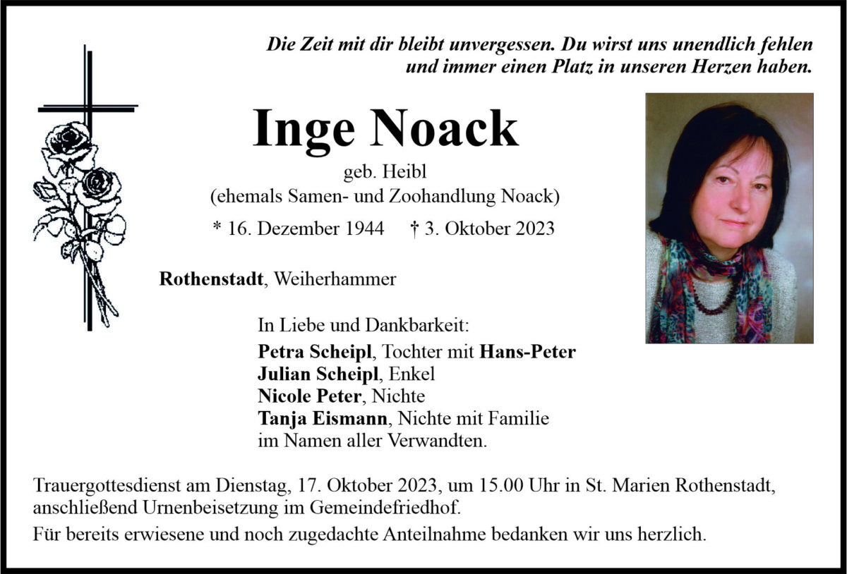 Traueranzeige Inge Noak, Rothenstadt