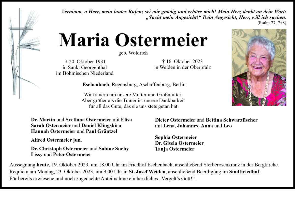 Traueranzeige Maria Ostermeier, Eschenbach