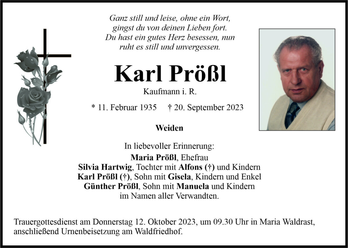 Traueranzeige Karl Prößl, Weiden