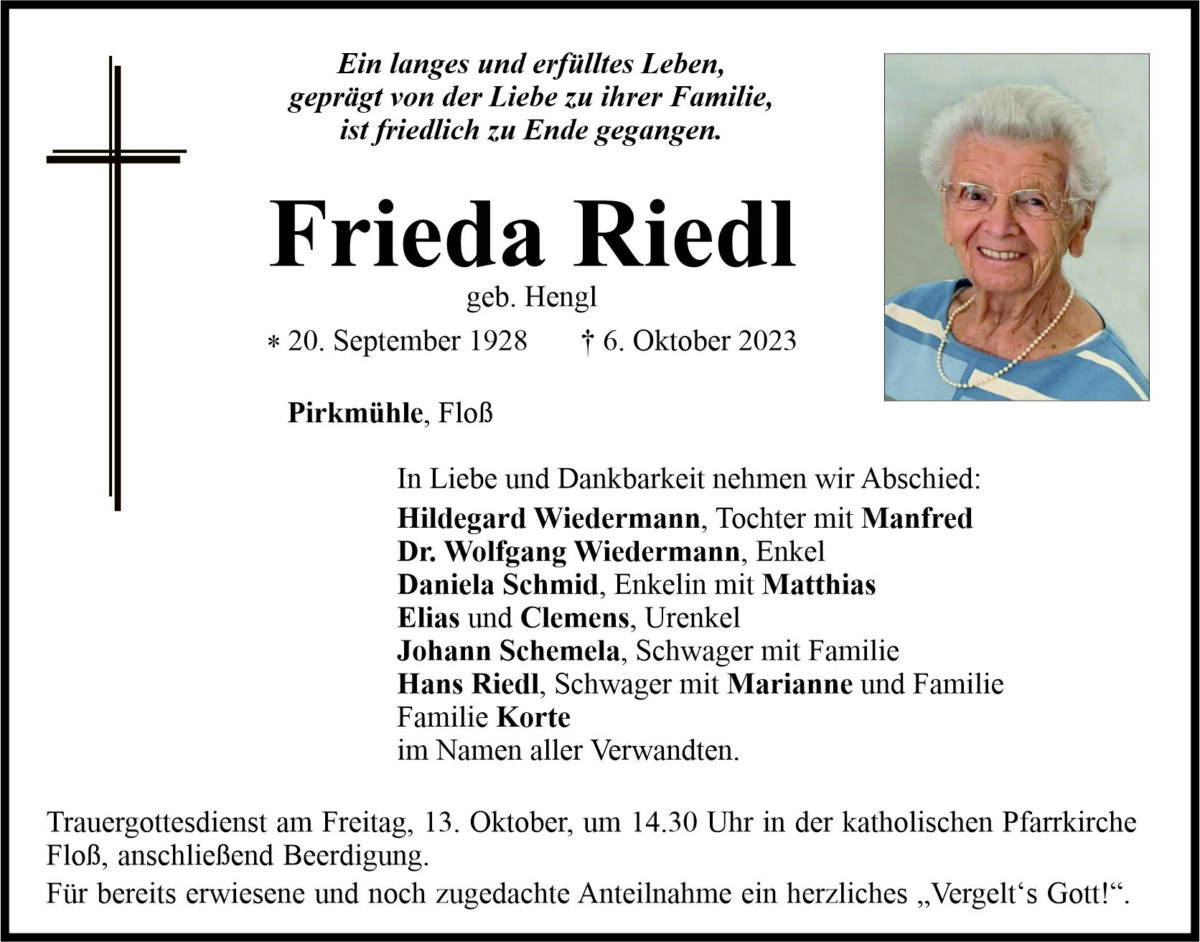Traueranzeige Frieda Riedl, Pirkmühle