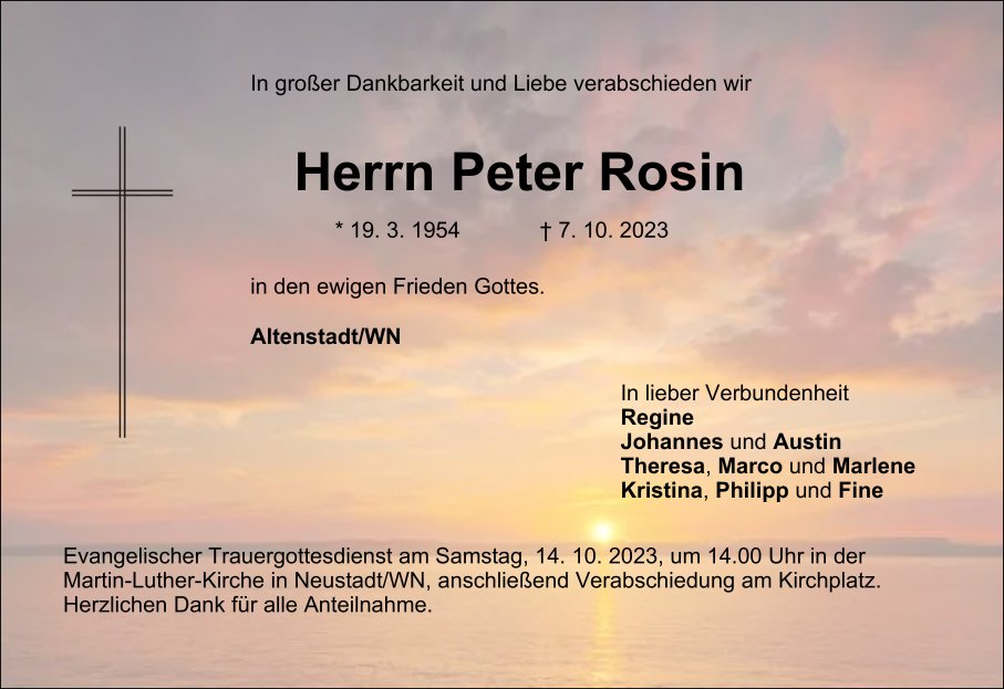 Traueranzeige Peter Rosin, Altenstadt/WN