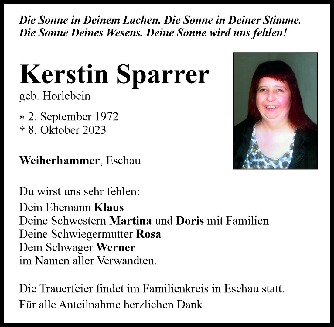 Traueranzeige Kerstin Sparrer, Weiherhammer