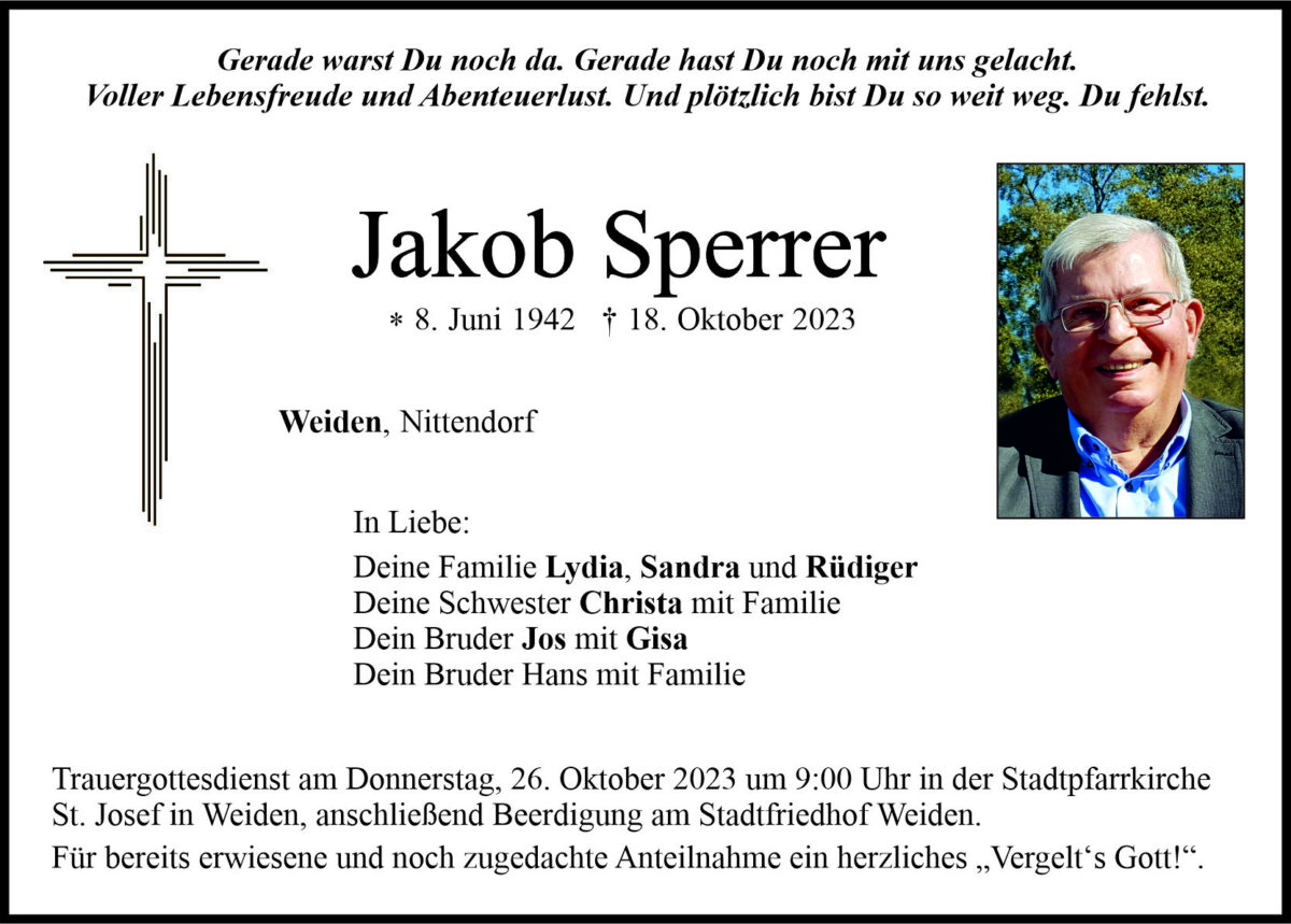 Traueranzeige Jakob Sperrer, Weiden