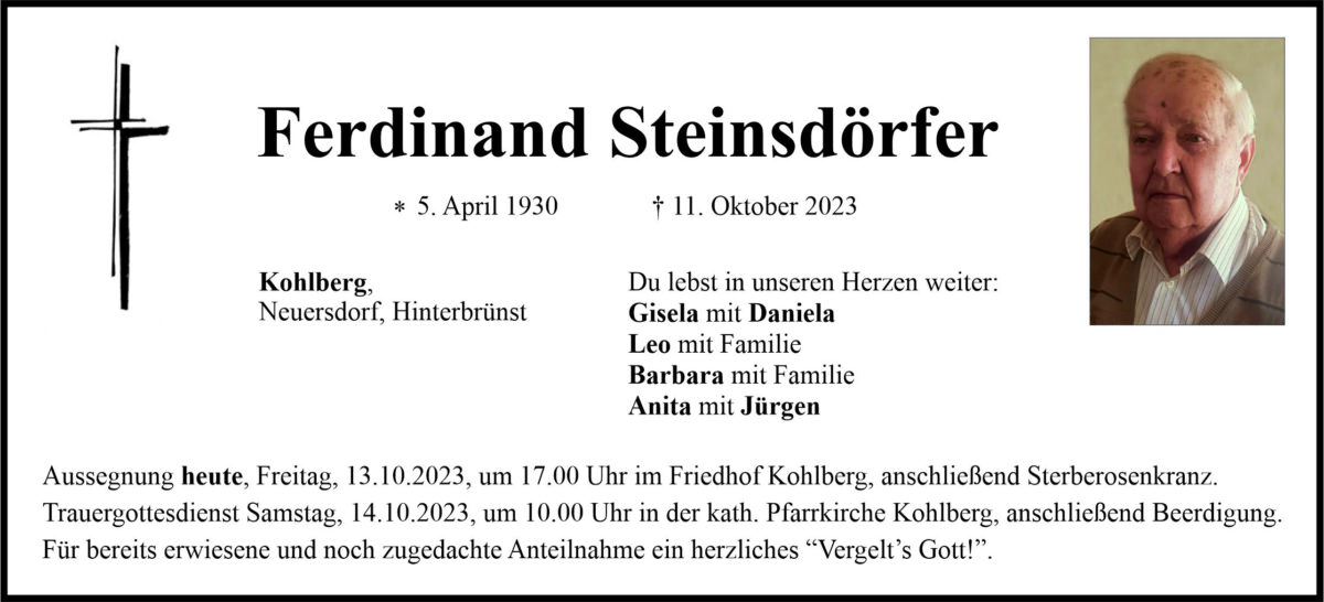 Traueranzeige Ferdinand Steinsdörfer, Kohlberg