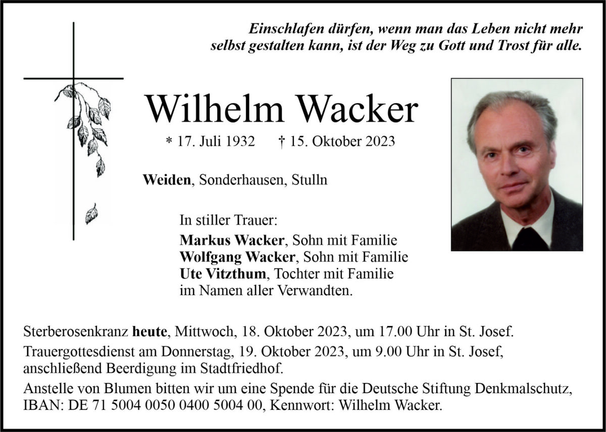 Traueranzeige Wilhelm Wacker, Weiden