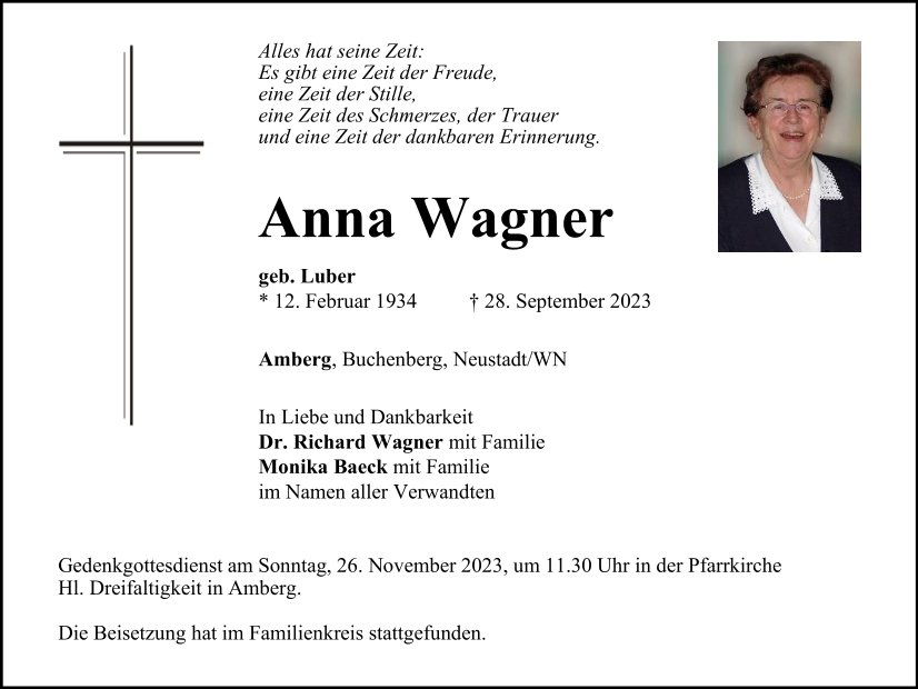 Traueranzeige Anna Wagner, Amberg