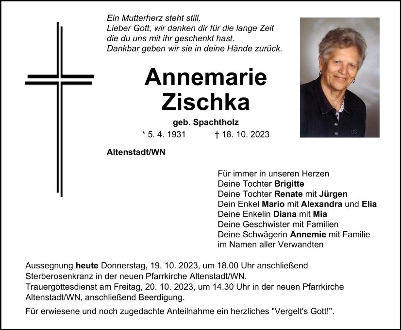 Traueranzeige Annemarie Zischka, Altenstadt/WN