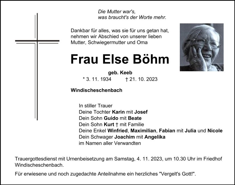 Traueranzeige Else Böhm, Windischeschenbach