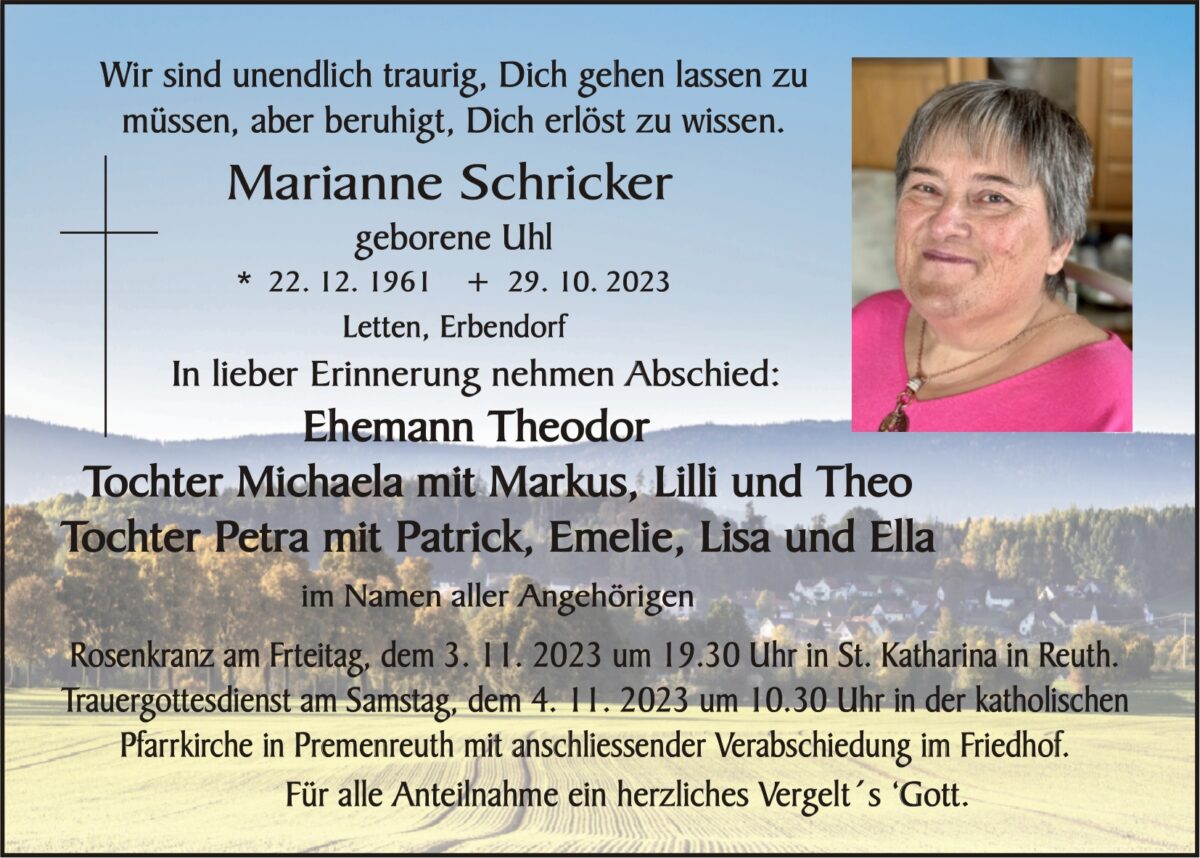 Traueranzeige Marianne Schricker, Letten
