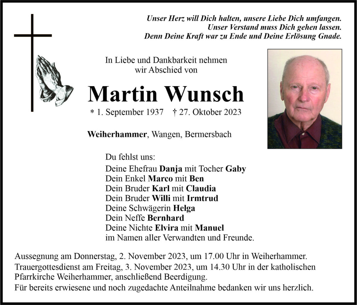Traueranzeige Martin Wunsch, Weiherhammer