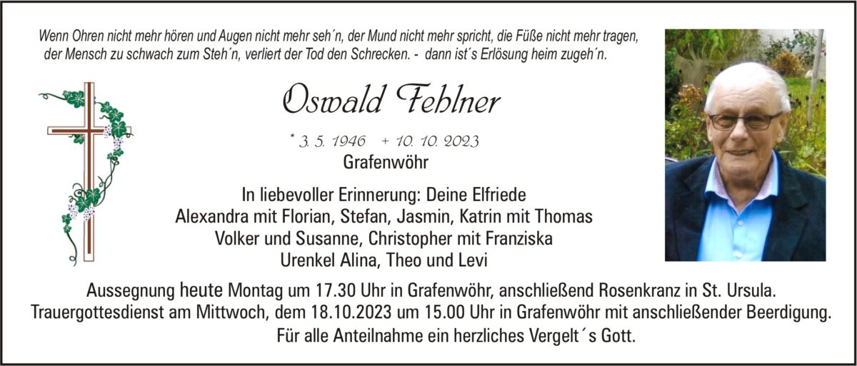 Traueranzeige Oswald Fehlner, Grafenwöhr