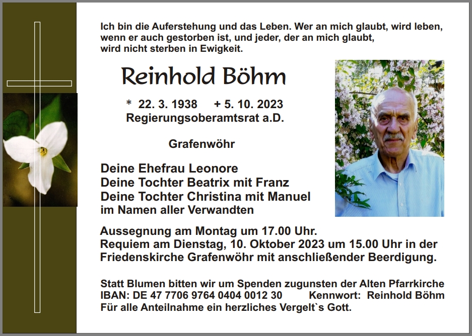 Traueranzeige Reinhold Böhm, Grafenwöhr