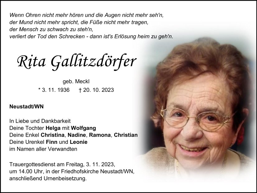 Traueranzeige Rita Gallitzdörfer, Neustadt/WN