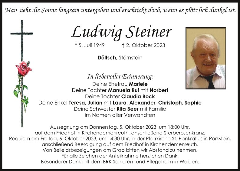 Traueranzeige Ludwig Steiner, Döltsch