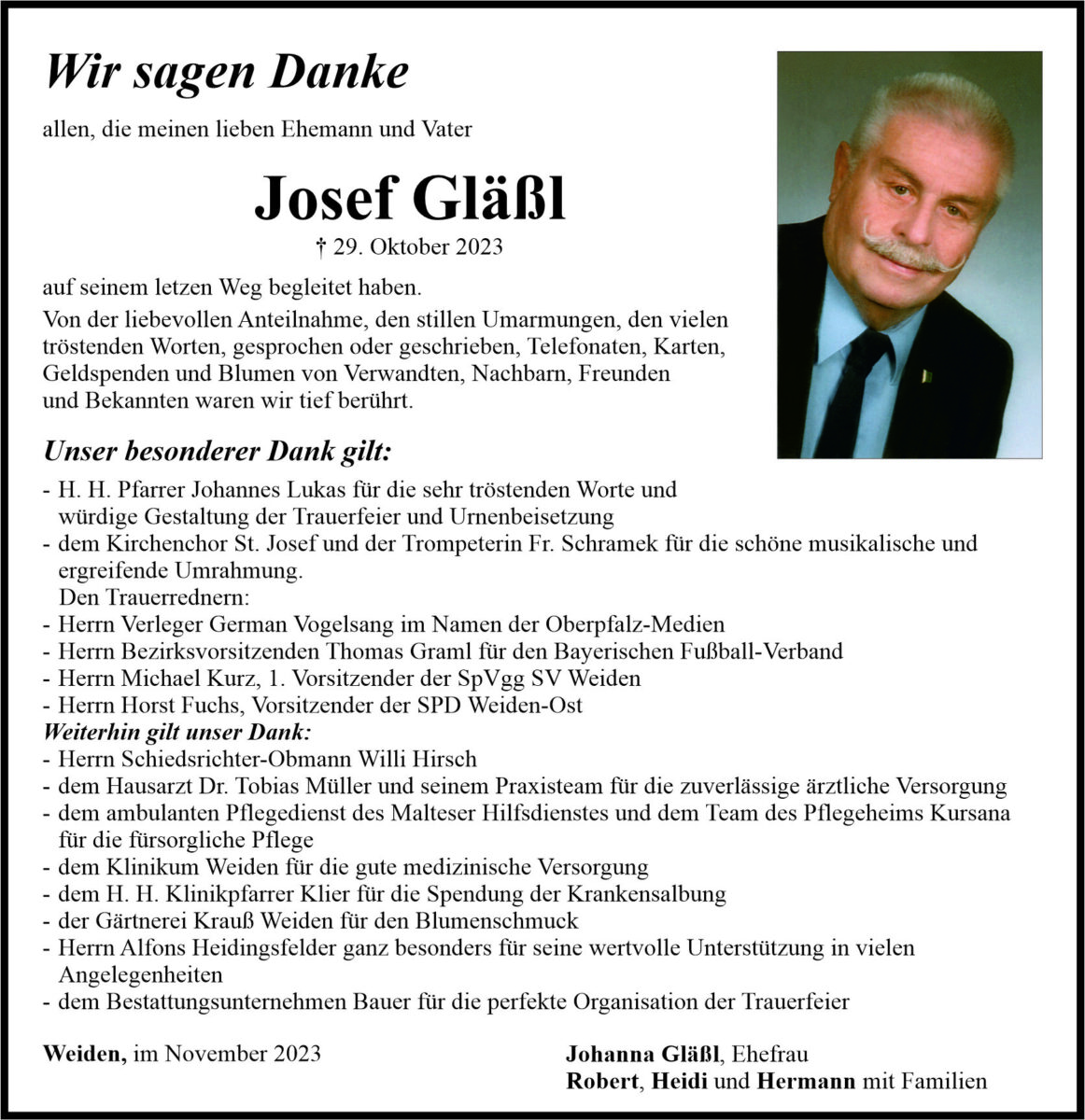 Danksagung Josef Gläßl, Weiden