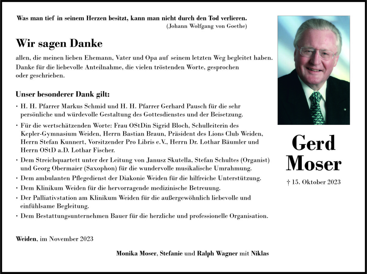 Danksagung Gerd Moser, Weiden