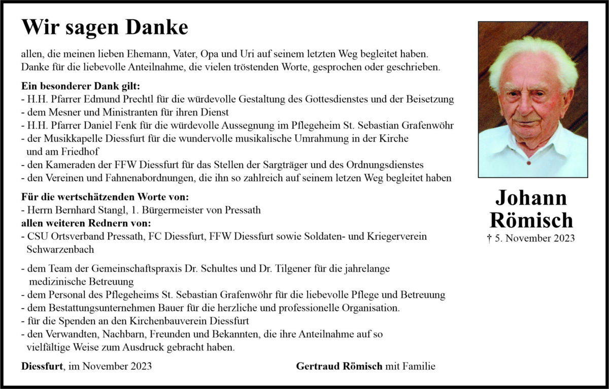 Danksagung Johann Römisch, Diessfurt