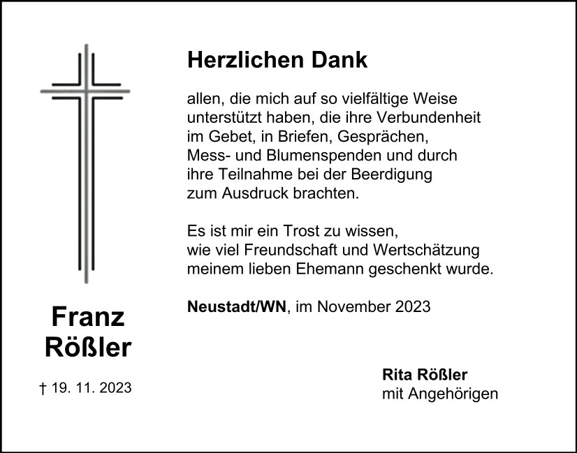 Danksagung Franz Rößler, Neustadt/WN
