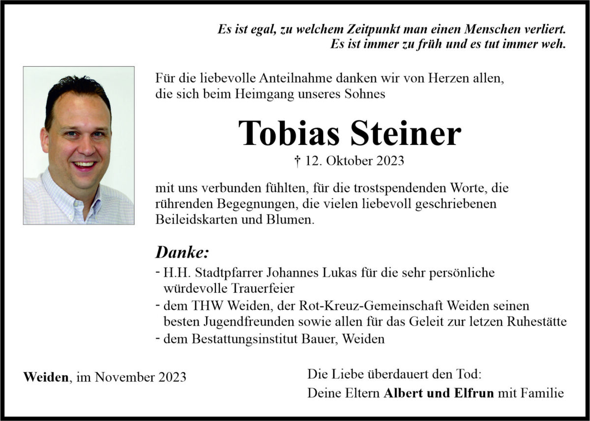 Danksagung Tobias Steiner, Weiden