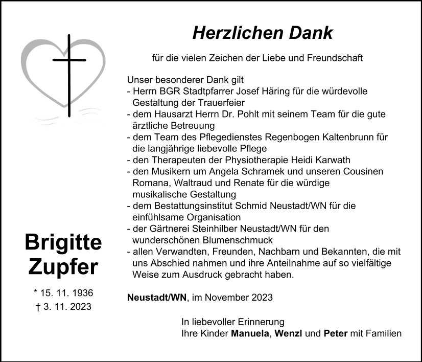 Danksagung Brigitte Zupfer, Neustadt/WN