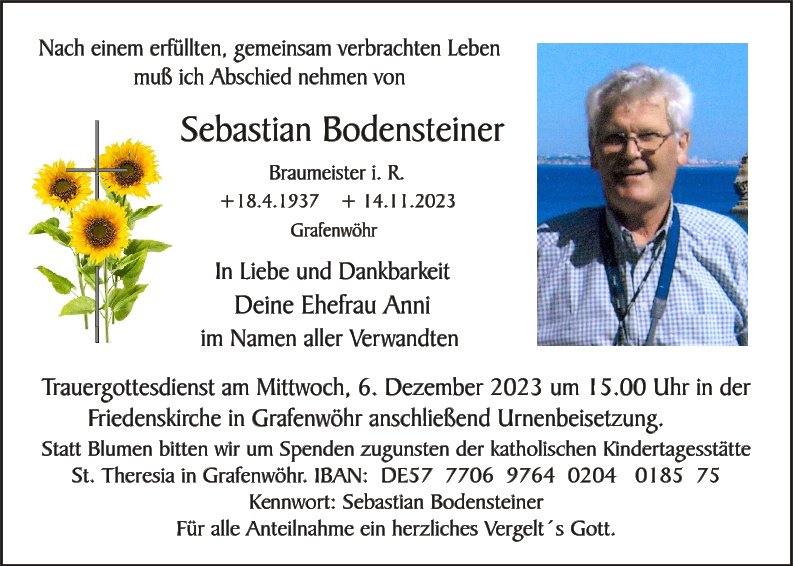 Traueranzeige Sebastian Bodensteiner, Grafenwöhr
