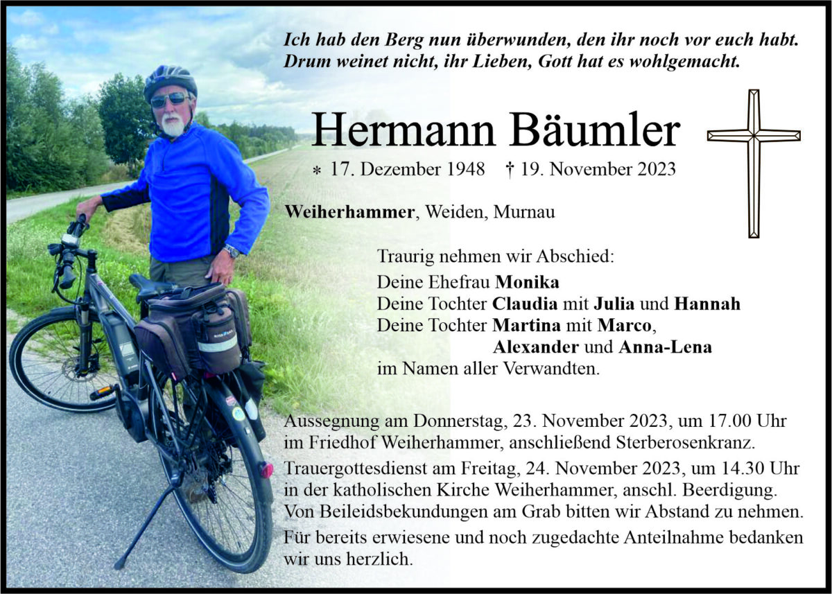 Traueranzeige Hermann Bäumler, Weiherhammer