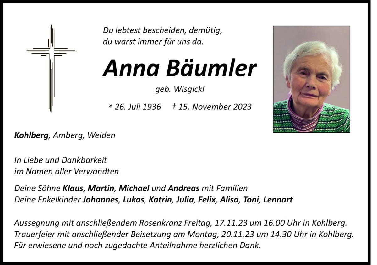 Traueranzeige Anna Bäumler, Kohlberg