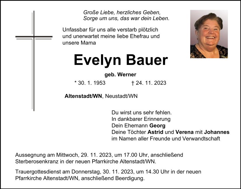 Traueranzeige Evelyn Bauer, Altenstadt/WN