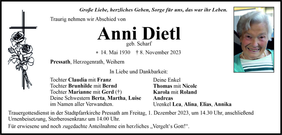 Traueranzeige Anni Dietl, Pressath
