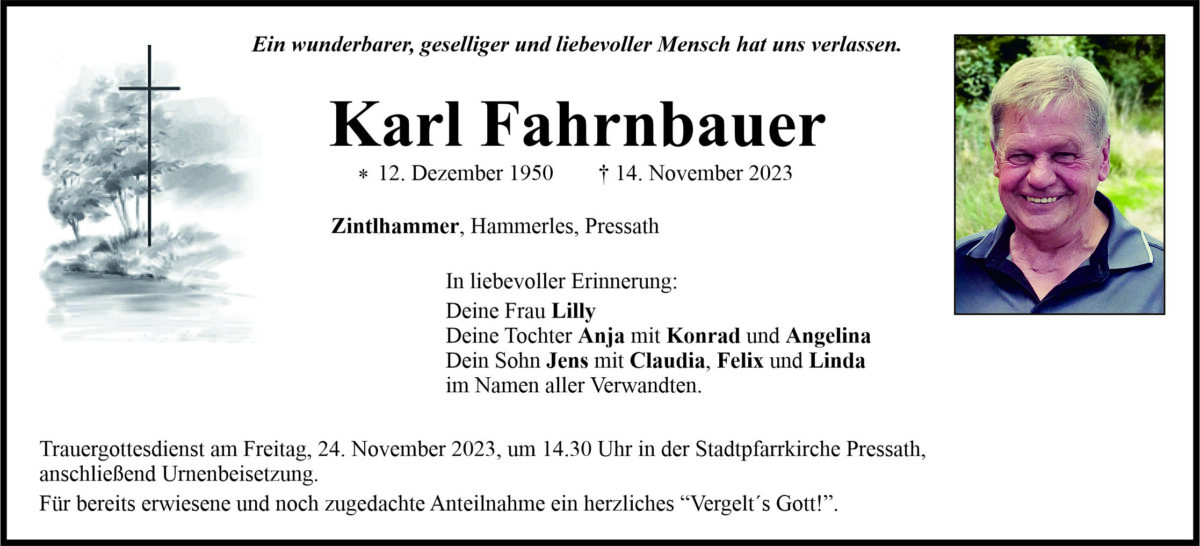 Traueranzeige Karl Fahrnbauer, Zintlhammer