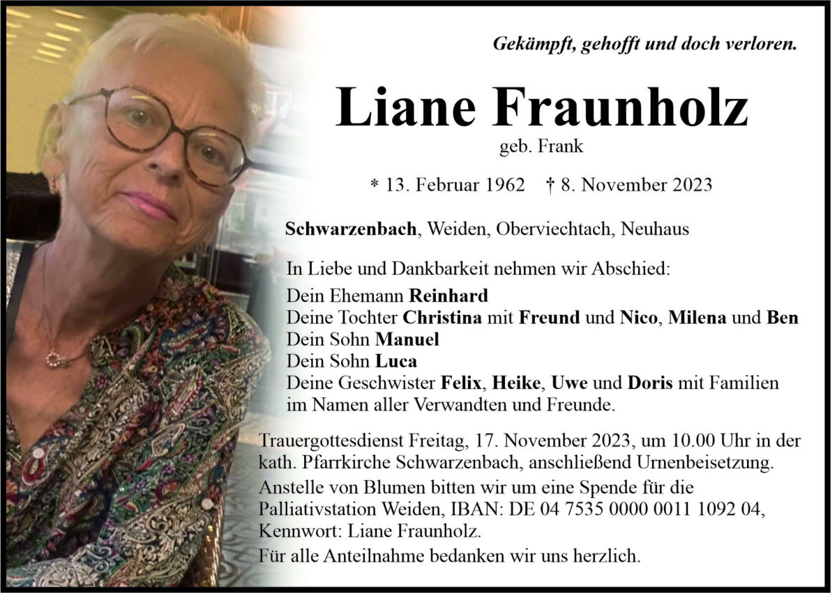 Todesanzeige Liane Fraunholz, Schwarzenbach