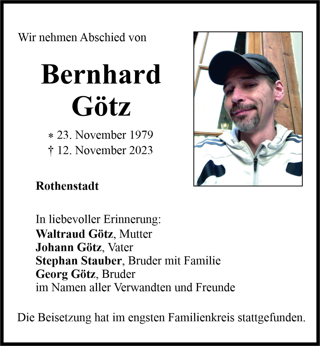 Traueranzeige Bernhard Götz, Rothenstadt