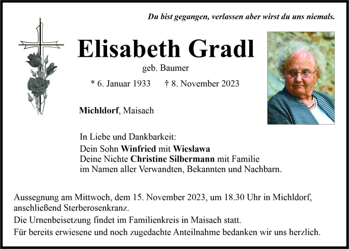 Traueranzeige Elisabeth Gradl, Michldorf