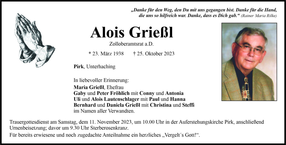 Traueranzeige Alois Grießl, Pirk