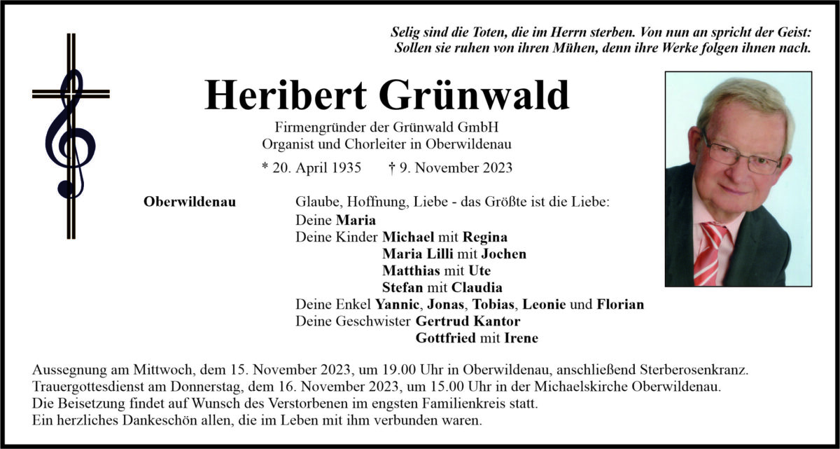 Traueranzeige Heribert Grünwald, Oberwildenau