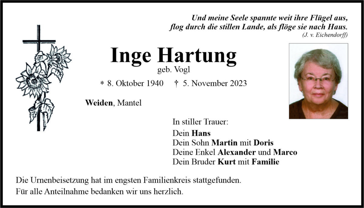Traueranzeige Inge Hartung, Weiden