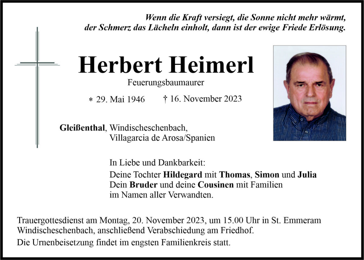 Traueranzeige Herbert Heimerl, Gleißenthal