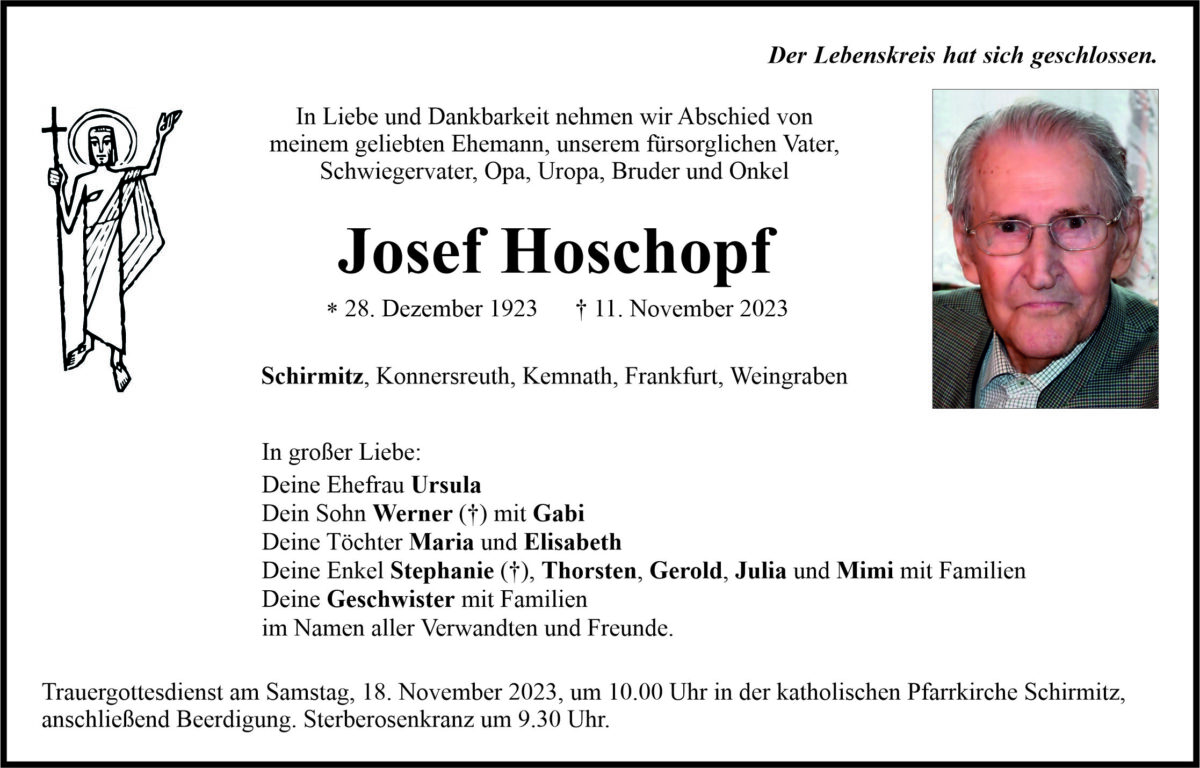 Traueranzeige Josef Hoschopf, Schirmitz