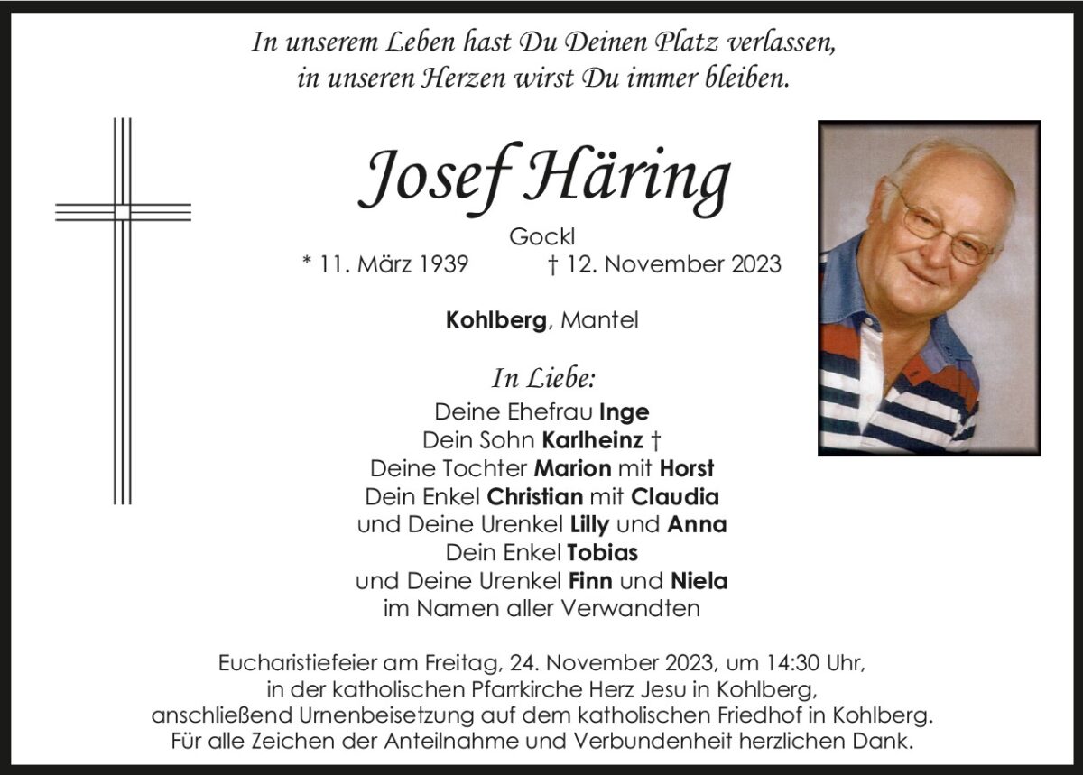 Todesanzeige Josef Häring, Kohlberg
