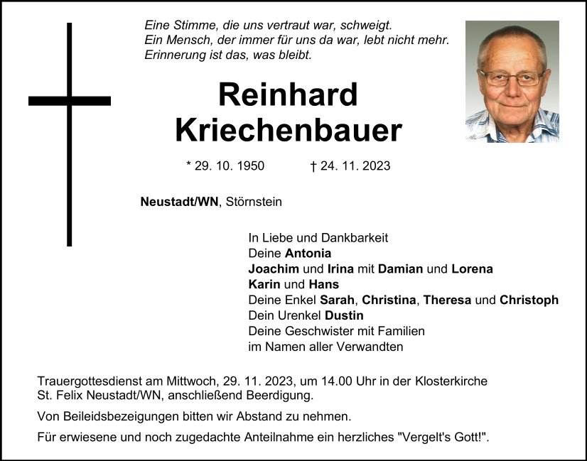 Traueranzeige Reinhard Kriechenbauer, Neustadt/WN