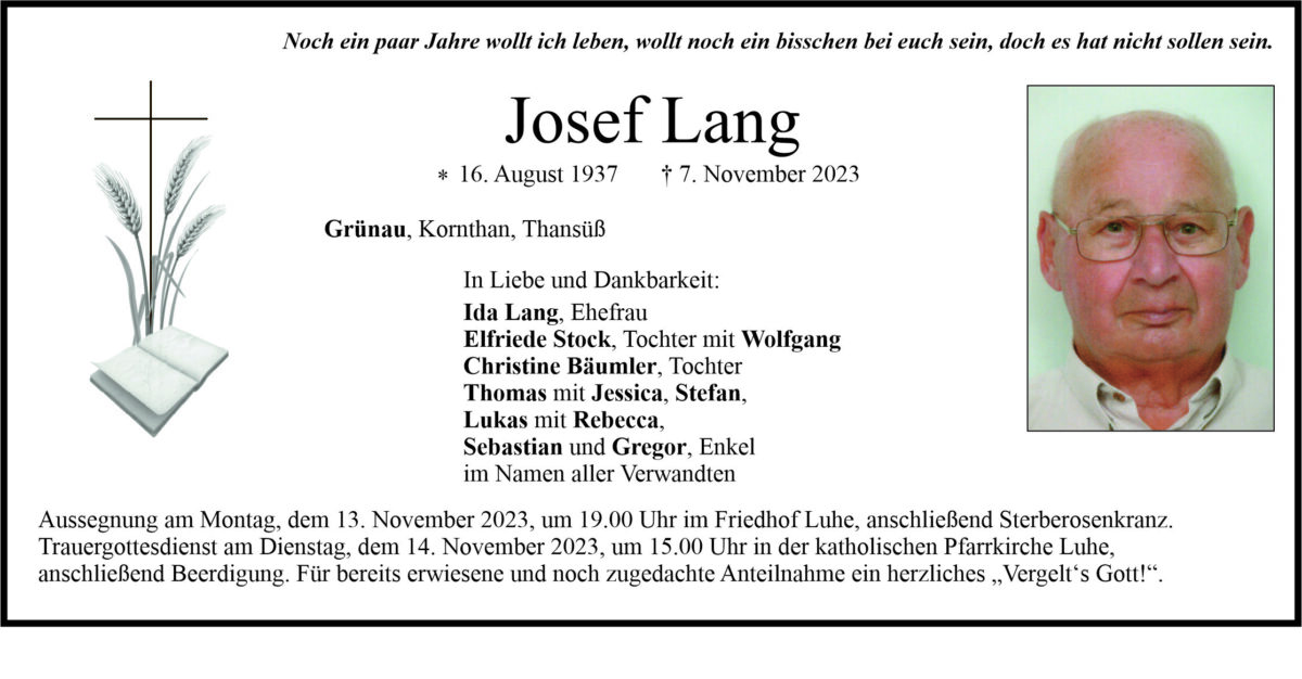 Traueranzeige Josef Lang, Grünau
