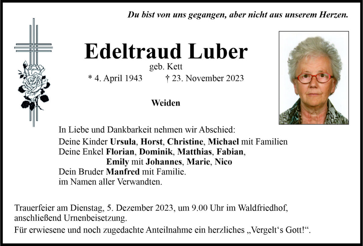 Traueranzeige Edeltraud Luber, Weiden